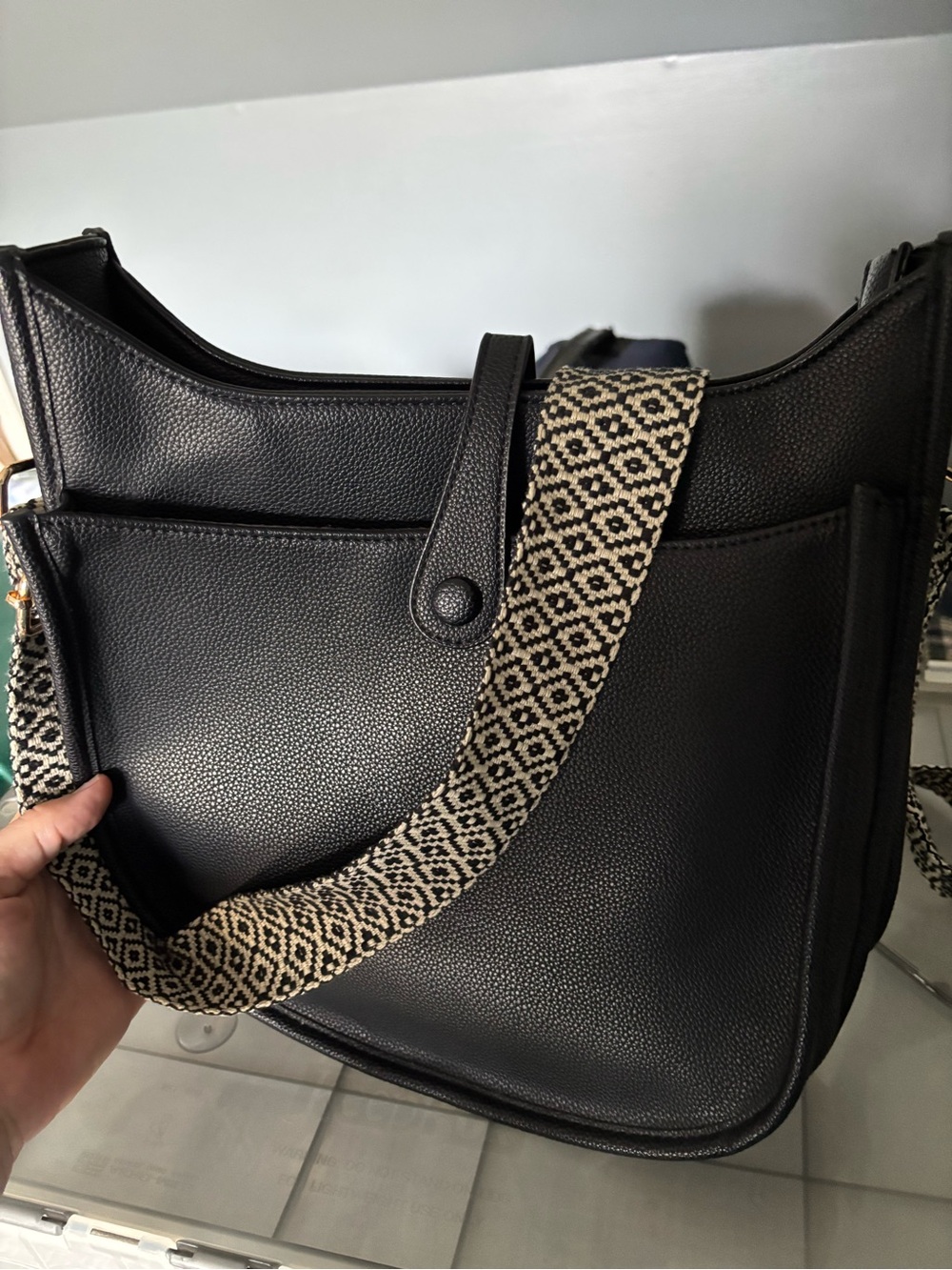 Black Women's Crossbody Bag with Patterned Strap